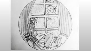 Girl and Rainy Day drawing | pencil drawing | Drawing in Circle
