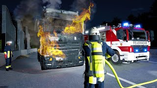 Emergency Call 112 - Nürnberg Fire Brigade Respond to Truck Fire During Night Shift!
