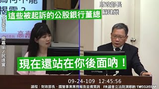 民進黨 高嘉瑜 質詢 財政部長 寶佳 彰銀 台新 #遠航掏空案 #潤寅詐貸案 保德信人壽 廖燦昌 黃伯川 陳世卿 一銀 合庫 20200924 財政委員會 立法院演哪齣