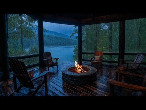 Autumn Night Rain and Gentle Wind on Cabin Porch by the Lake | Sleep, Relax, and Unwind