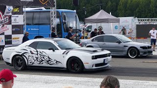 BMW 330 E46 3.0T 2JZ-GTE + 8HP vs Dodge Challenger SRT Hellcat 6.2 1/4 mile drag race