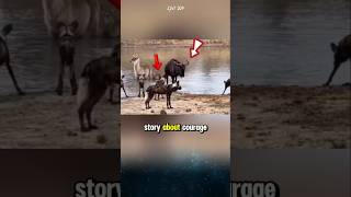 The wildebeest confronts wild dogs to protect the mother and baby deer. #wildebeest #deer #animals