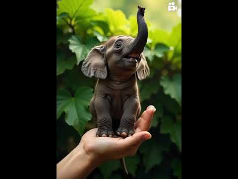 Adorable Mini Elephant on a Thumb | Nature's Wonder with Raised Trunk and Vines in the Background 🌿🐘