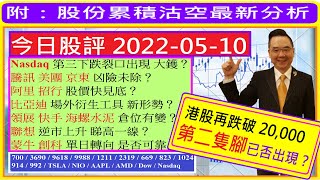 港股再跌破20,000 第二隻腳已出現？🤔/Nasdaq 第三下跌裂口出現 大鑊？😱/騰訊 美團 京東 凶險未除？🤣/阿里 招行 股價快見底？🙄/比亞迪 場外衍生工具 新形勢？😜/2022-05-10