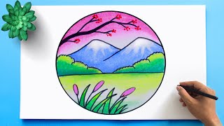 Scenery Drawing Class 28 | Landscape natural scenery Drawing in a Circle