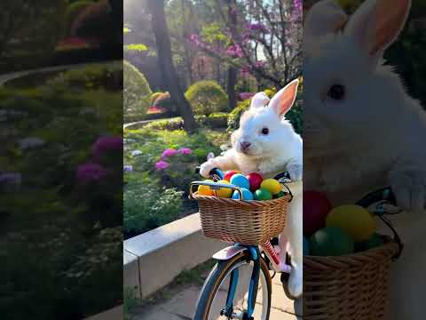 Cute white rabbit in protective helmet riding Easter bicycle against spring garden background