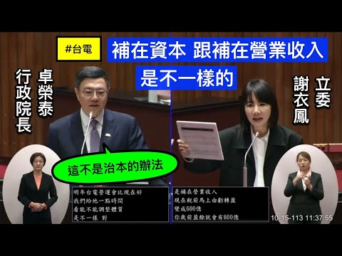 謝衣鳯 質詢 行政院長卓榮泰 台電撥補 追加預算 二林園區 台積電 先進封測 明道大學退場 軟體園區 碳權交易平台 中小企業綠電 零到六歲托嬰育 施政報告 20241015 院會 立法院演哪齣