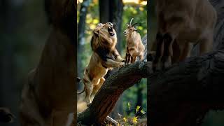 Lion Meets Goat In Tree Unexpected Encounter #shorts #lionvsgoat #unexpectedencounter