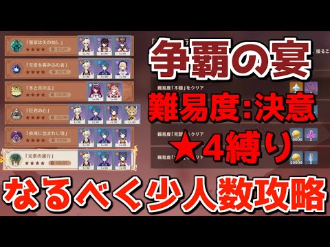 【原神】争覇の宴「決意」星4のみ・飯なしでなるべく少人数攻略 day1～day6まとめ