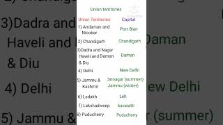 Union territories and their capital # union territories #shorts#