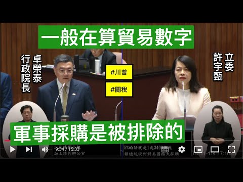 "安全捐" 許宇甄 質詢 行政院長卓榮泰 美國川普對等關稅因應 軍購 美豬牛不標示產地? 基改食品進入校園? 20250411 院會 【立法院演哪齣？】