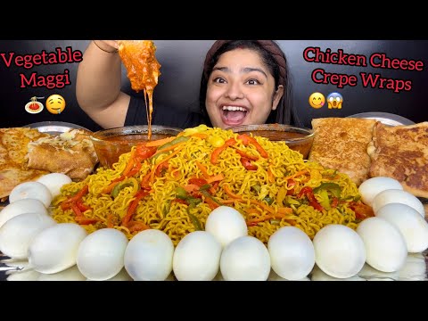 12 PACKET VEGETABLE MAGGI WITH 20 BOILED EGGS AND CHICKEN CHEESE CREPE WRAPS, SPICY EXTRA GRAVY,ASMR