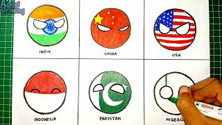 Drawing CountryBall India, China, USA, Indonesia, Pakistan, Nigeria | How to Draw CountryBall
