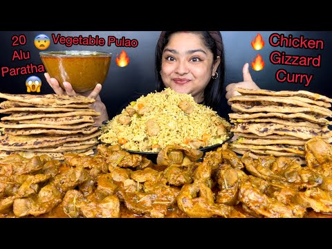 SPICY 2KG CHICKEN GIZZARD CURRY WITH 20 ALOO KA PARATHA & VEGETABLE PULAO, EXTRA GRAVY | ASMR VIDEO