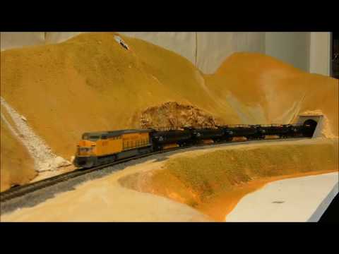 N Scale shelf layout, railfanning Union Pacific oil train