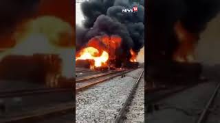 #WATCH | Freight Train Catches Fire Near Tiruvallur, Tamil Nadu | Fire Crews Battle Blaze | N18S
