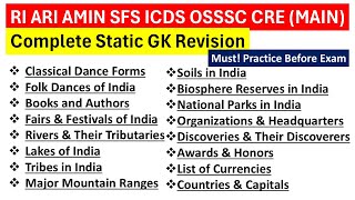Complete Static GK Quick Revision For RI ARI AMIN SFS ICDS | OSSSC CRE MAIN 2025 || Exams Odia ||