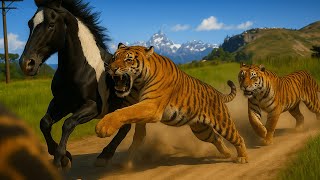 Splashed White Horse Hunted by 4 Hungry Panthers in the Desert – Intense Chase Eps 1