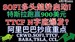 美股 SOFI多头趋势启动! 特斯拉跑赢900美元 TTCF N字底爆发? 阿里巴巴抄底重点 CRWD,SOFI,TTCF,BABA,TSLA, CCL