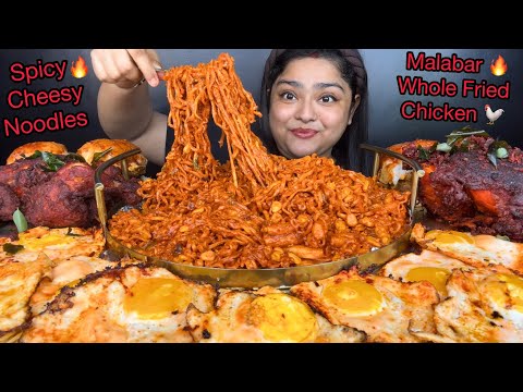 SPICY CHEESY KIMCHI NOODLES WITH CORN, VIRAL CHILLI OIL EGGS, MALABAR WHOLE FRIED CHICKEN | MUKBANG