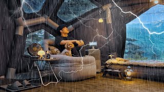 Camping in Rain with My Dog . Cozy Inflatable Tent . Thunder & Lightening ASMR
