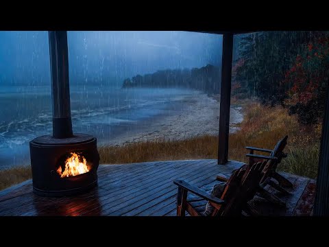 🔴 Sitting on the Porch Watching the Rainy Sea and Warm Fire 🔥| A Healing Place with Natural Sounds