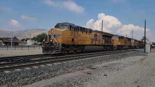 Lathrop Passing the Tehachapi Depot with A T4 Leader, SD70M and KCS Engine