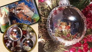 Reverse Decoupage Christmas Ornament from Wrapping Paper on Clear Globe Dollar DIY Tree by SD Kelley