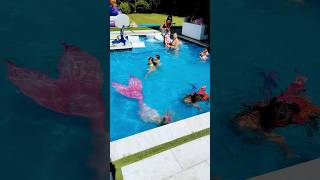 Mermaids swimming in the pool for her birthday! #mermaid #mermaidtail #swimmingpool #birthdayparty