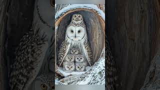 🌨 Guardians: A Mother Owl and Her Flock #OwlFamily #WildlifeBeauty  #NaturePhotography