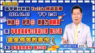 2024.11.21 張宇明台股解盤   神達⊕、矽瑪⊕、新盛力創新高！特會半年空單操作23筆贏22筆共賺297元！這是何等的喜悅！普會多空雙向操作賺228.4元【#張宇明分析師】