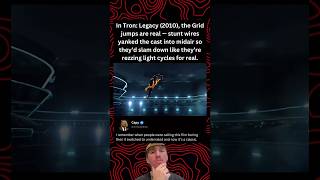 In Tron: Legacy (2010), the Grid jumps are real — stunt wires yanked the cast into midair