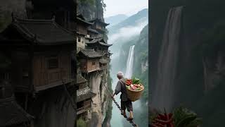 险峭山崖有人家，深山秘境万重华，老人铁链凌空舍，世世安身不惧涯！#治愈系风景#生活#儿时记忆#乡村#治愈系#8090年代的童年记忆#悬崖上的温馨#暖心#travel#温馨#隐居#惊险