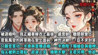 被退婚時，我正繡著嫁衣上最後一處雲紋，聽聞朝會上，意氣風發的將軍跪在聖上面前，神色決絕：臣不求封賞，只願舍軍功一般換與雲瑯退婚，一般換陛下賜婚臣與蘭映。指尖被刺出猩紅，起身入宮：婚期不變，夫君另擇