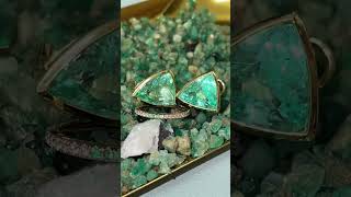 Top Custom Bespoke 3 Stone vintage modern Colombian emerald rings & Big Bezel Trillion Stud Earrings