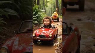 Baby Monkey Drives in Mud & Duck Follows with Excavator!#PloopoTV #JungleFun #MiniVehicles