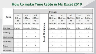 How to make time table in Microsoft Excel 2019 || School Time table in Excel Sheet Download