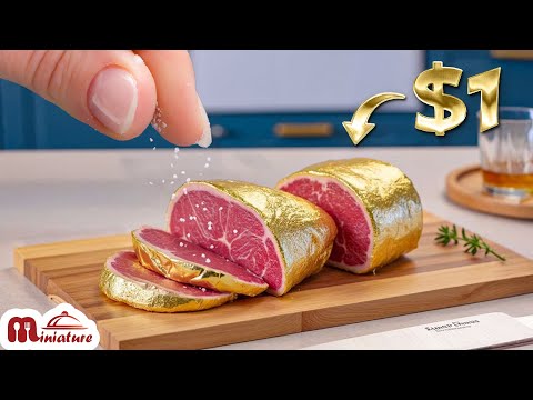 Trying a $1 Mini 24K Gold Steak! 😍 Looks Like $1000? | ASMR Mini Cooking Food