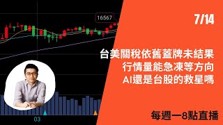 【波段王子 廖崧沂 點靈】 直播 2025/07/14: 台美關稅依舊蓋牌未結果, 行情量能急凍等方向, AI還是台股的救星嗎?