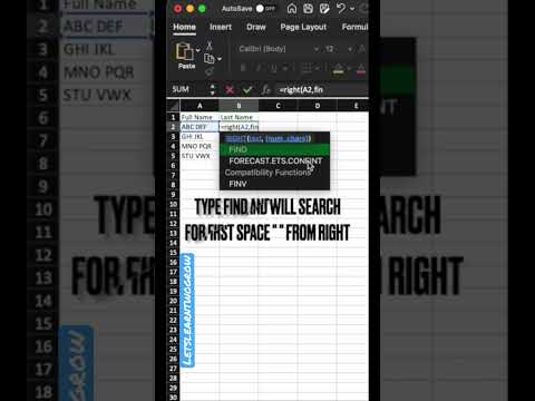 Using Right and Find function to extract last name from full name #msexcel #shorts