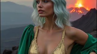 Mesmerizing AI Girl in Green Long Dress Posing on Lava-Filled Volcano Mountain – Epic Beauty