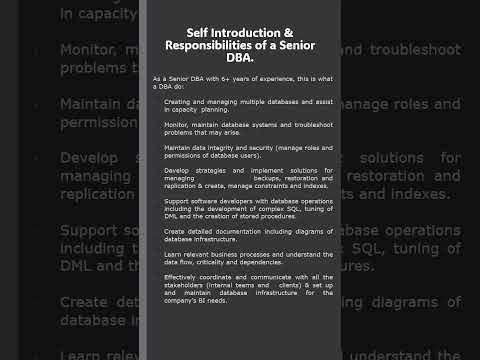 Self Introduction & Responsibilities of a Senior DBA #sqlserver #shortsfeed #shorts #viralshorts