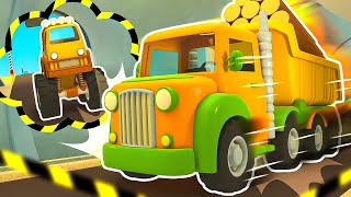 The monster truck is broken! The police car and a tow truck save the dump truck in the tunnel.