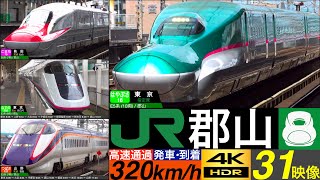 4K /東北新幹線 郡山 / はやぶさ, こまち, やまびこ, つばさ, なすの 緩やかな曲線を320 km/h 高速通過•発車•到着集 [速度計, 列車情報]