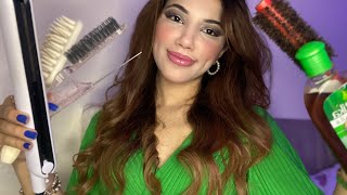 ASMR Doing Your Hair💚🎀(Straightening/ Curling/ Hair Parting/ Invisible clipping/ Gel) No Talking