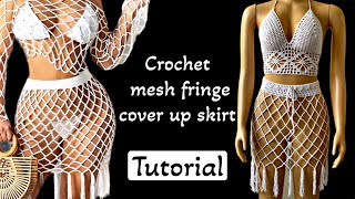 Crochet diamond mesh beach cover up skirt  with fringes