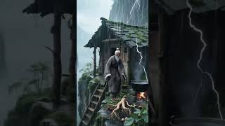 暴雨闪电下，悬崖小屋烟火升腾，白发老者悠然踱步，身旁人参等山珍罗列 ，这场景，妥妥现实版仙侠世界，狠狠心动了！#悬崖隐居 #仙侠氛围感 #隐居生活 #新鲜采摘 #隐居深山 #隐世生活