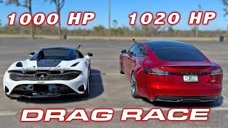 1,000 HP McLaren 750s vs Tesla Model S Plaid 1/4 Mile DRAG RACE