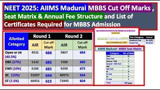 2025: AIIMS Madurai AIQ MBBS cut off marks with Seat Matrix & fee structure & Documents Required