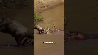 The wildebeest struggles frantically as a crocodile clamps its jaws tightly around its hind leg
